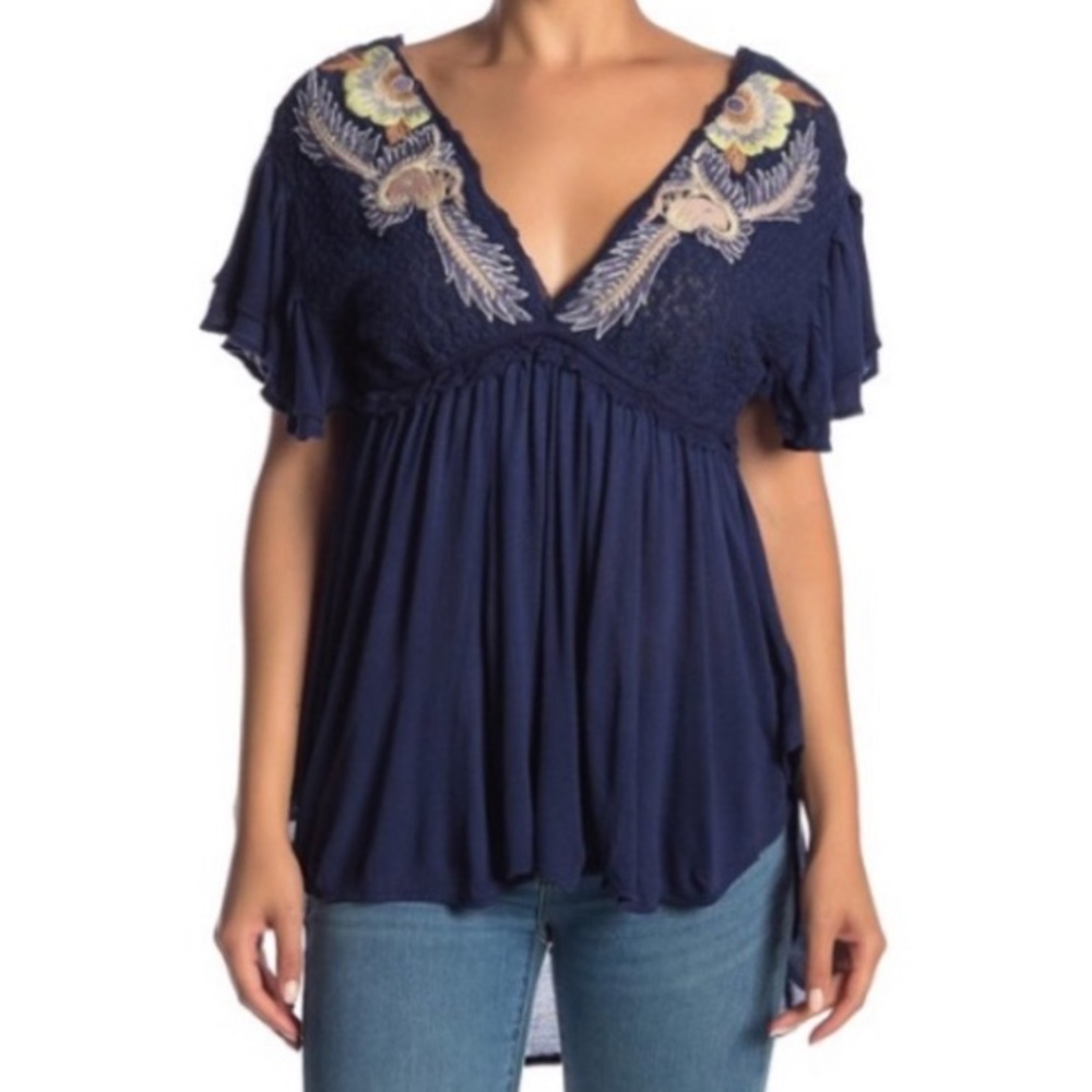 Boho Free People Embroidered Flutter Sleeve Blouse